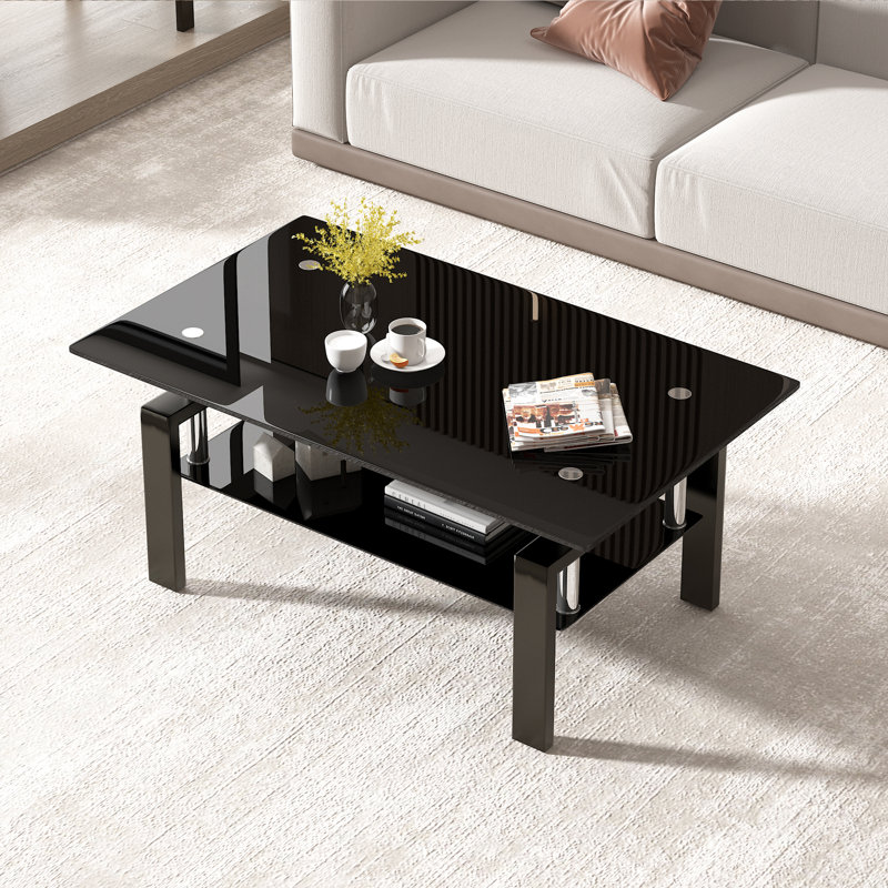 Wrought Studio™ Black Coffee Table, 2-Tier Rectangle Glass Coffee Table for  Living Room with Storage | Wayfair